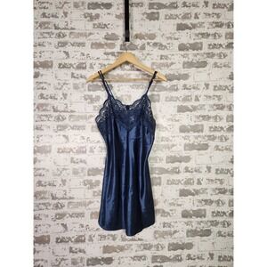 VTG Satin Lace Full Slip Dress Nightgown Navy Blue Small Romantic Glam READ